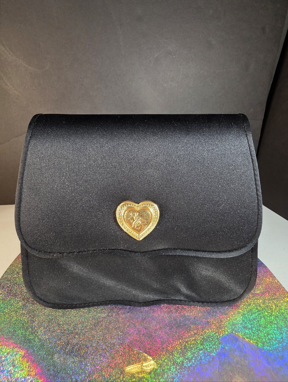 Black Satin Mini Shoulder Bag with Gold Heart Accent